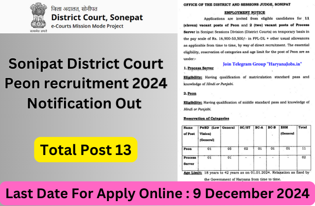 Sonipat District Court Peon recruitment 2024 Notification Out