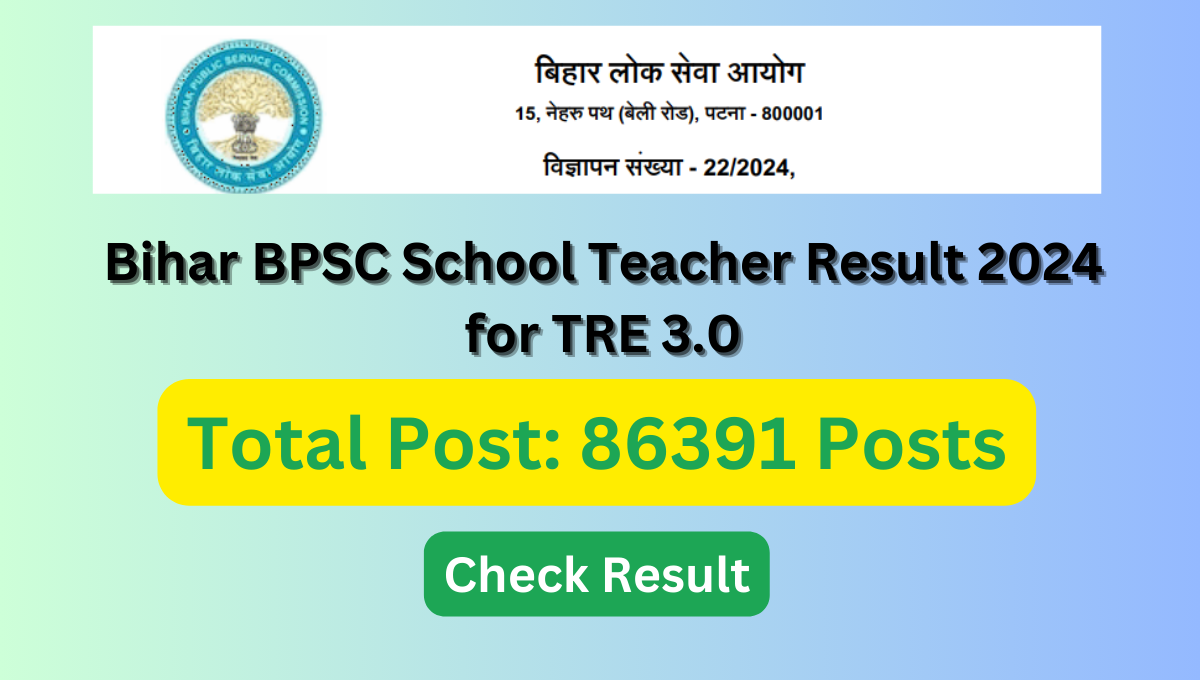 Bihar School Teacher TRE 3.0 Recruitment 2024 Result 2024 for 86391 Post