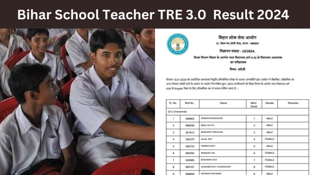 Bihar School Teacher TRE 3.0 Recruitment 2024 Result 2024 for 86391 Post