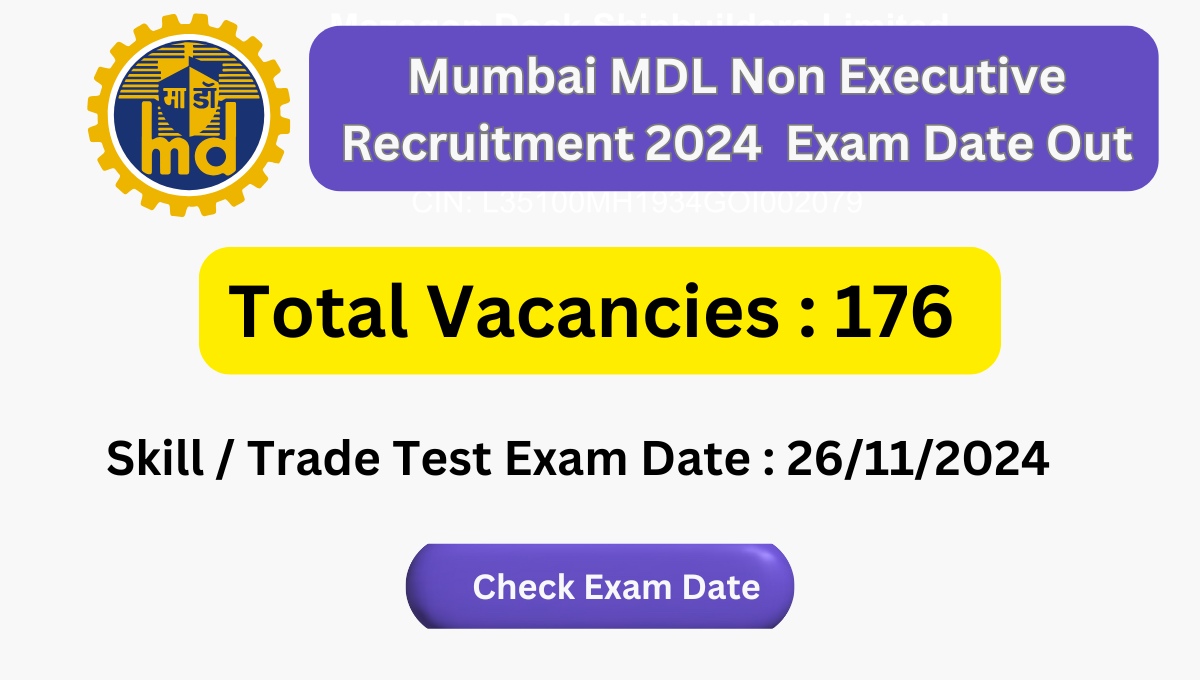 Mumbai MDL Non Executive Recruitment 2024 Trade / Skill Test Exam Date Out for 176 Post