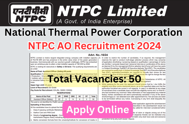 NTPC AO Recruitment 2024, Check Assistant Officer Notification and Application Link